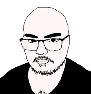 johnyjak, bald, black shirt, chest hair, glasses, looking at you, mustache, white background