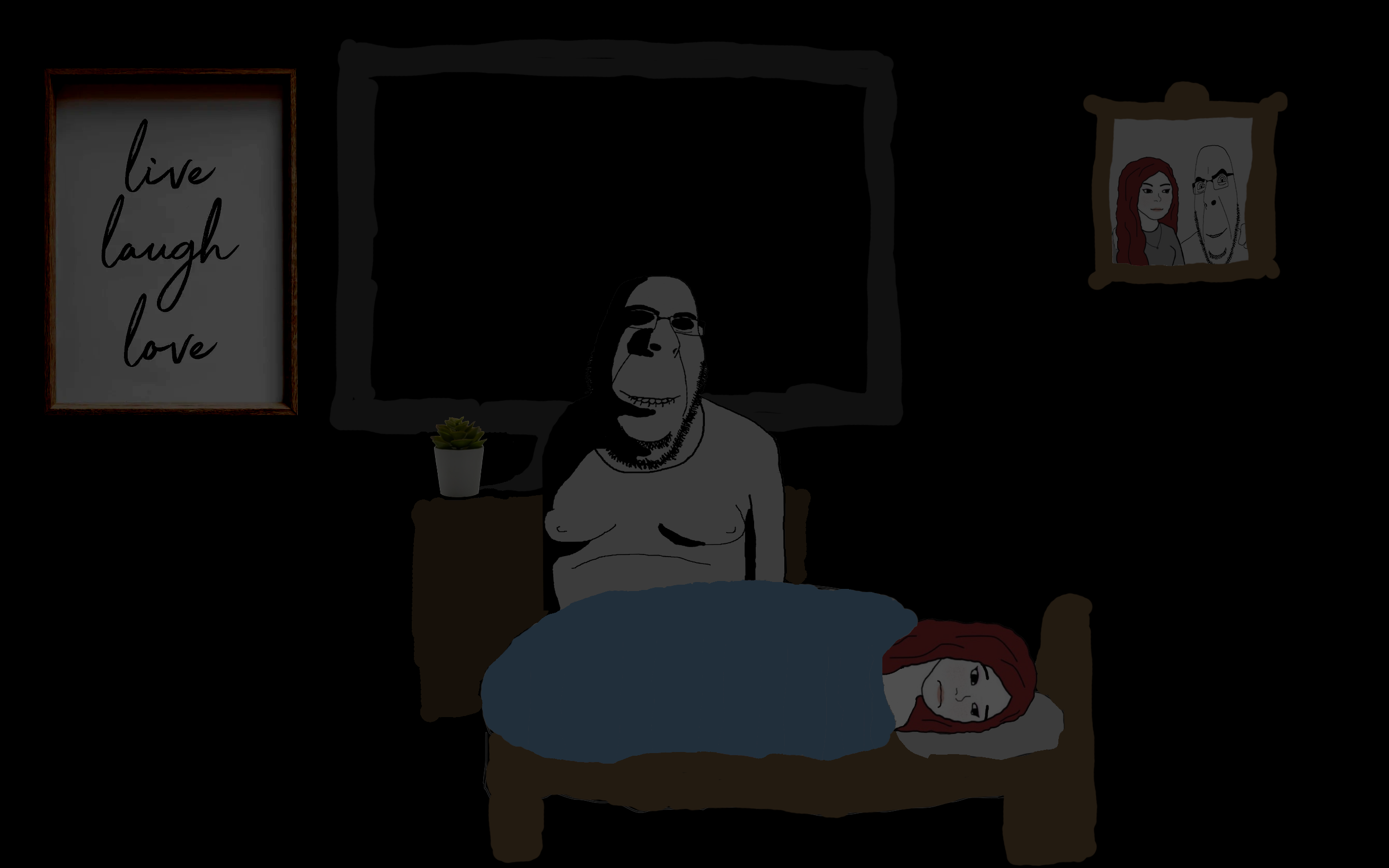 wojak, cobson, hornyson, arm, bed, biting lip, blanket, creepy, distorted, drawer