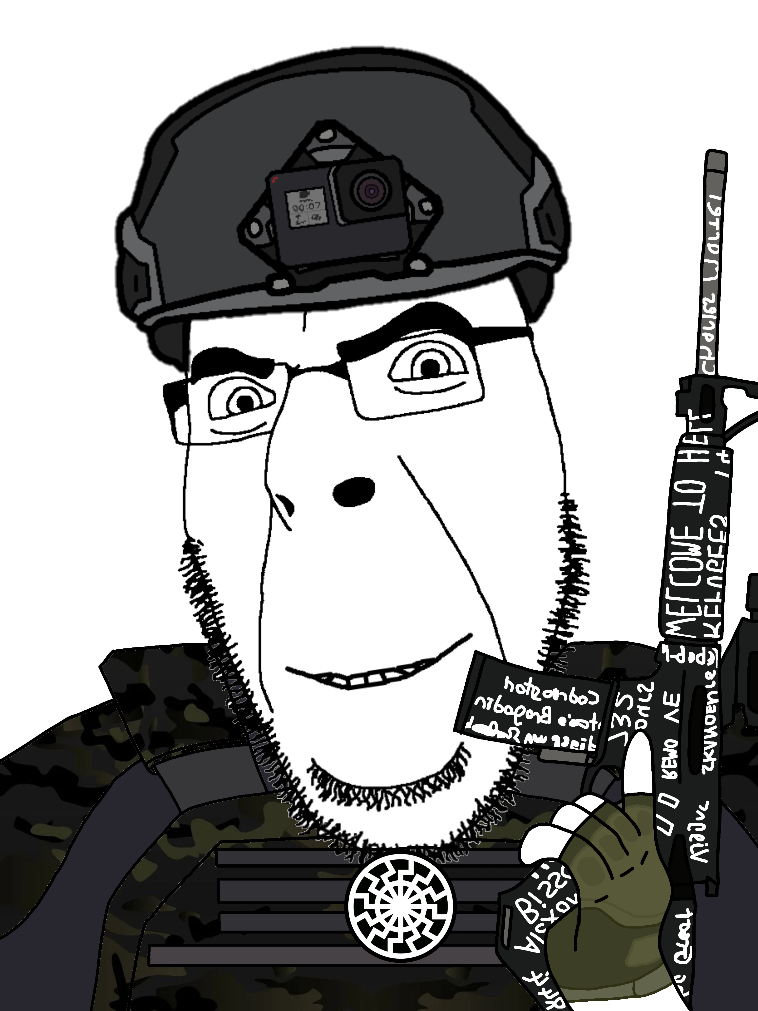 cobson, brenton tarrant, camouflage, christchurch shooting, clothes, full head, glasses, glove, gun, holding gun