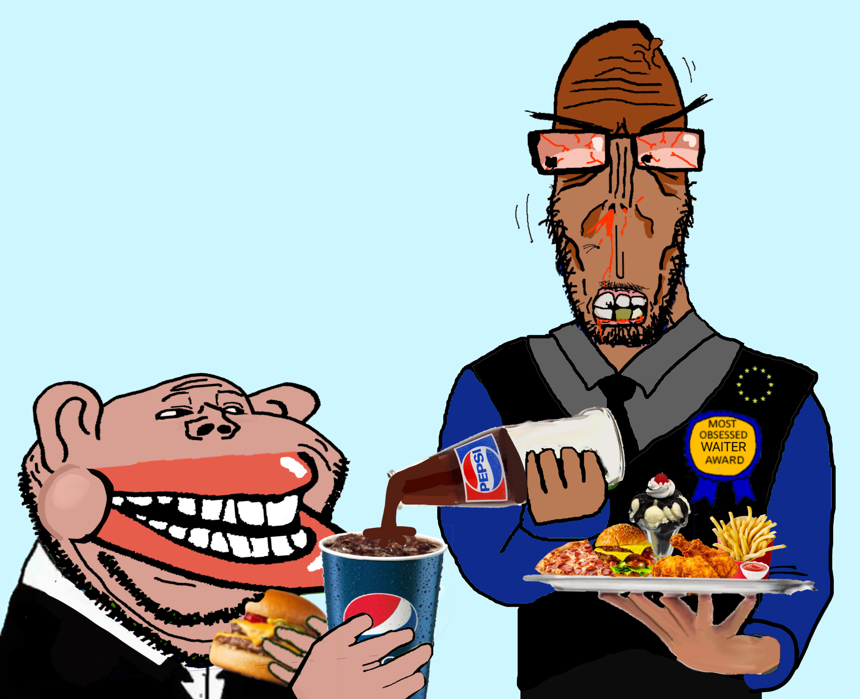 impish soyak ears, markiplier soyjak, euromutt, impish amerimutt, amerimutt, euromutt, angry, brown skin, food, french fries