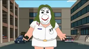 joker (dc), alicia, black eyes, green hair, happy, hospital, lips, looking to the left, nurse, red lips