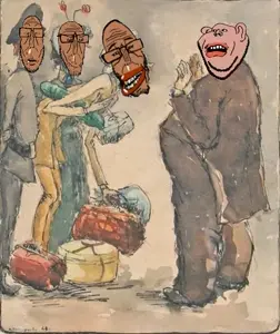 impish soyak ears, markiplier soyjak, euromutt, impish amerimutt, euromutt, bag, brown skin, cap, classical art parody, clothes