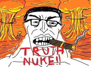 chudjak, buff, cigar, cleavage, explosion, front view, glasses, mushroom cloud, nuclear, smoke