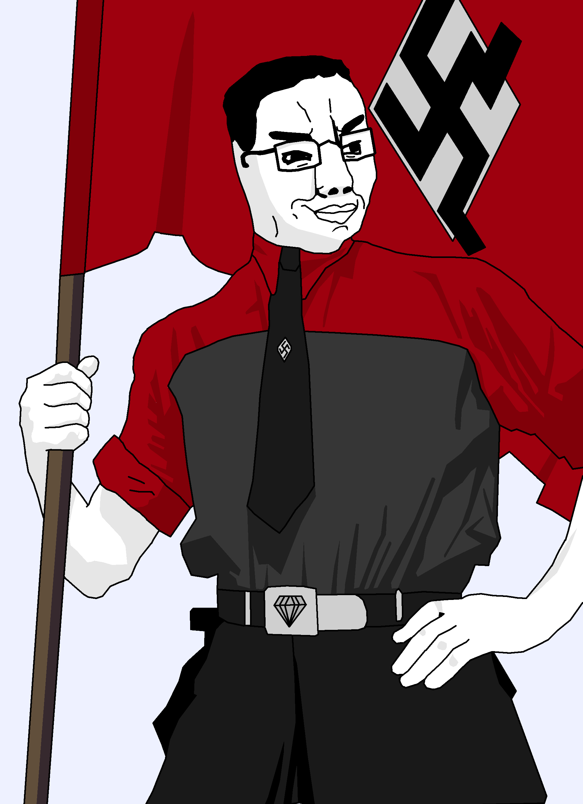 chudjak, militant chud holding flag, militant chud holding flag, arms, badge, belt, belt buckle, black eyes, black hair, clothes