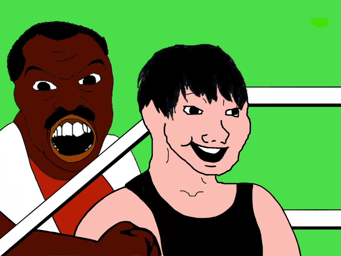 wojak, feraljak, arm, balding, black hair, black skin, bloomer, boxing, boxing ring, curly hair