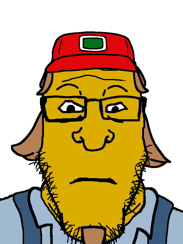 dersoylentdrinker, markiplier soyjak, neutralplier, blue overalls, blue shirt, brown hair, cap, chuck, closed mouth, clothes