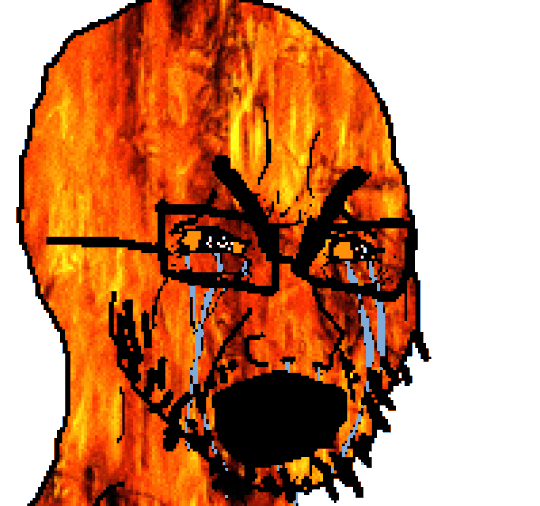 cryboy soyjak, elementjaks, animated, bloodshot eyes, burning, bushy eyebrows, crying, fire, glasses, open mouth