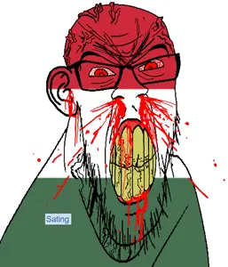 feraljak, feralrage, angry, blood, bloodshot eyes, clenched teeth, cracked teeth, ear, flag, glasses