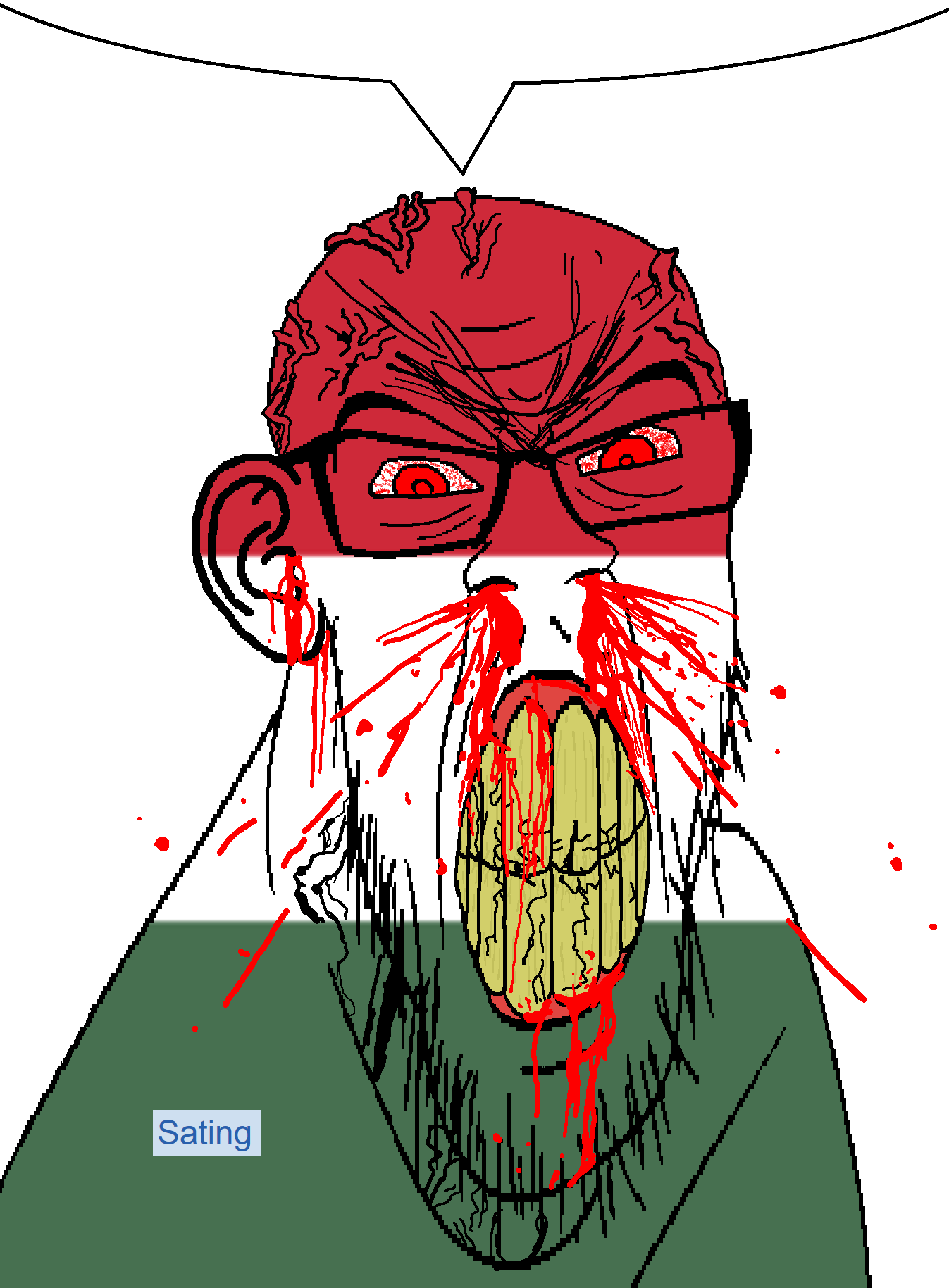feraljak, feralrage, angry, blood, bloodshot eyes, clenched teeth, cracked teeth, ear, flag, glasses