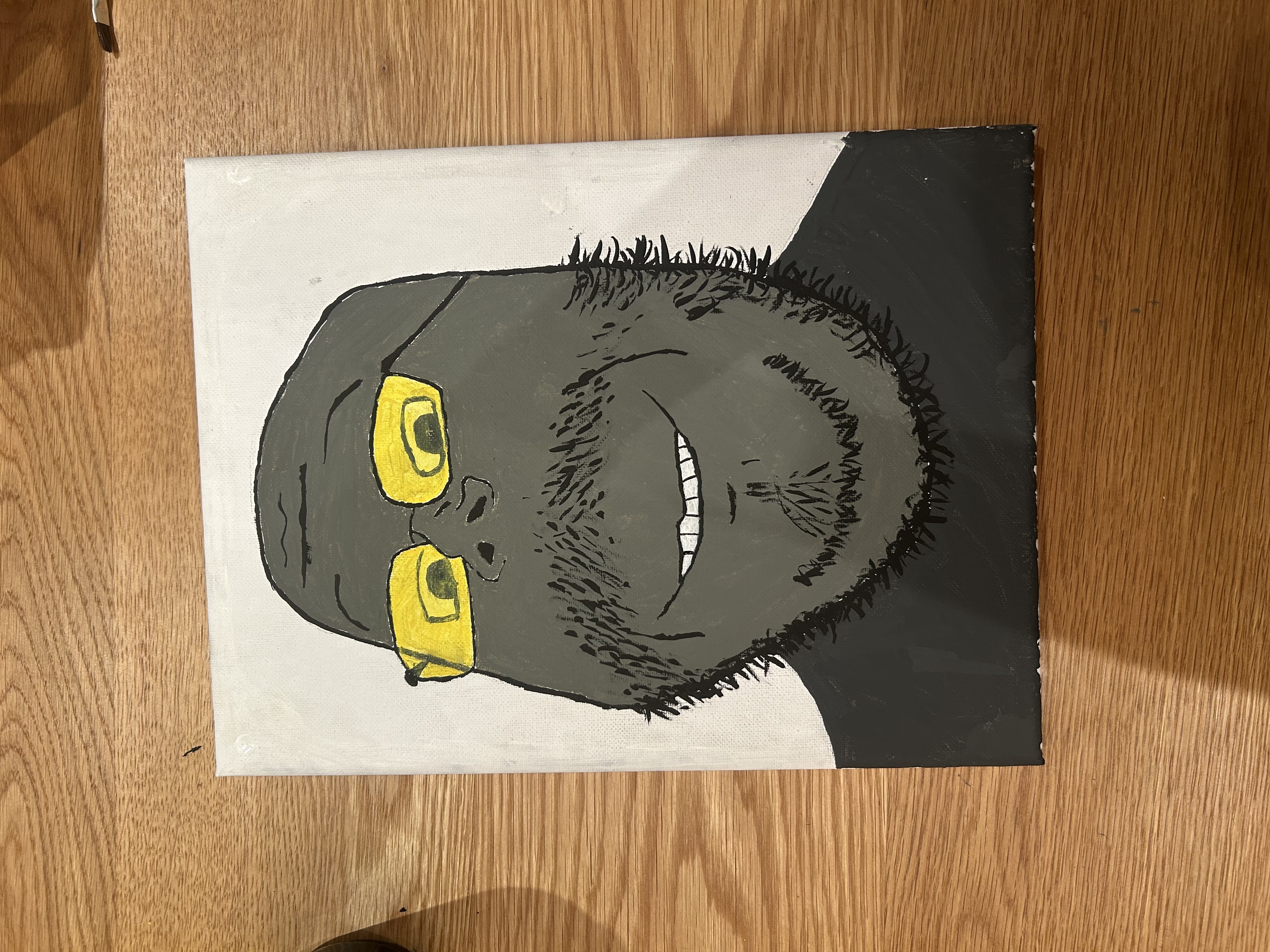 gapejak, mustached gapejak, glasses, gray skin, irl background, mustache, painting, real life, smile, soyjak