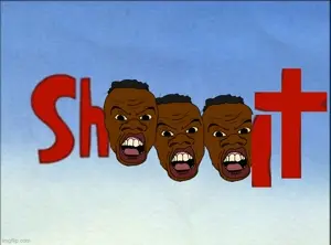 sheeeit, feraljak, feralnigger, 3soyjaks, angry, black skin, blue background, british broadcasting corporation, brown eyes, cartoon