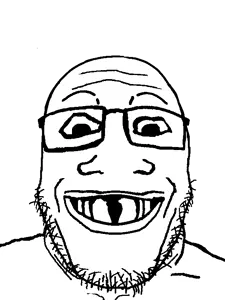 markiplier soyjak, grinlook poggers, kidjaks, 1soyjak, black eyes, deformed, distorted, glasses, monochrome, open mouth