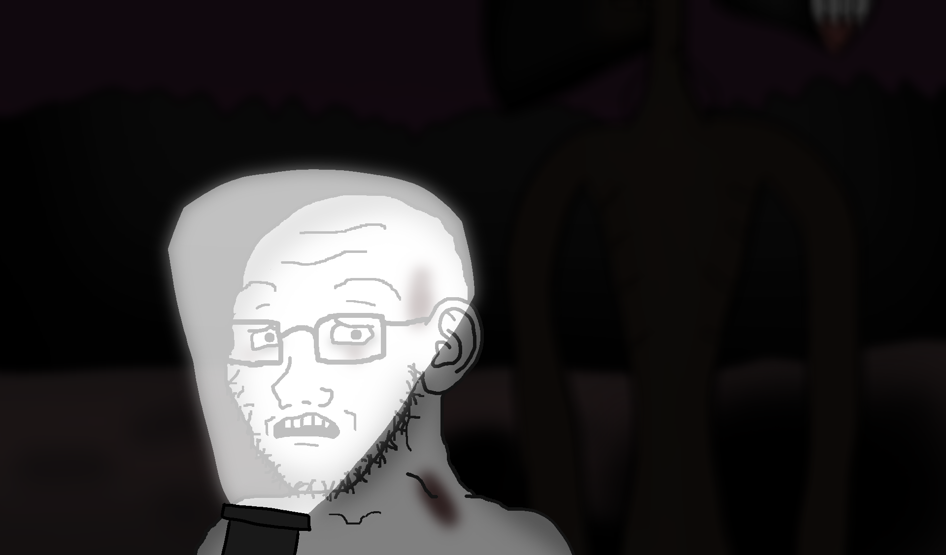 crimsonvoidhydra1488, soyak, soyak (concerned), beard, blood, bruise, concerned, drawn background, ear, flashlight