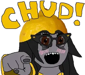soytan, brown eyes, food, fruit, glasses, gray skin, hair, lemon, open mouth, pointing