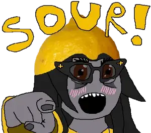 soytan, brown eyes, food, fruit, glasses, gray skin, hair, lemon, open mouth, pointing
