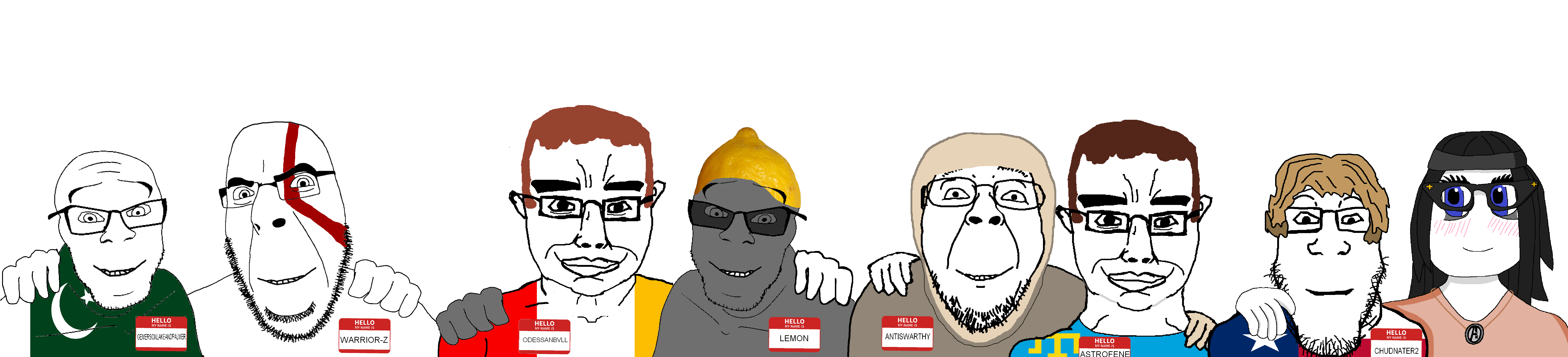 kratos, soytan, bernd, chudjak, cobson, feraljak, markiplier soyjak, chudjak front, chud troon alliance, no more brother wars