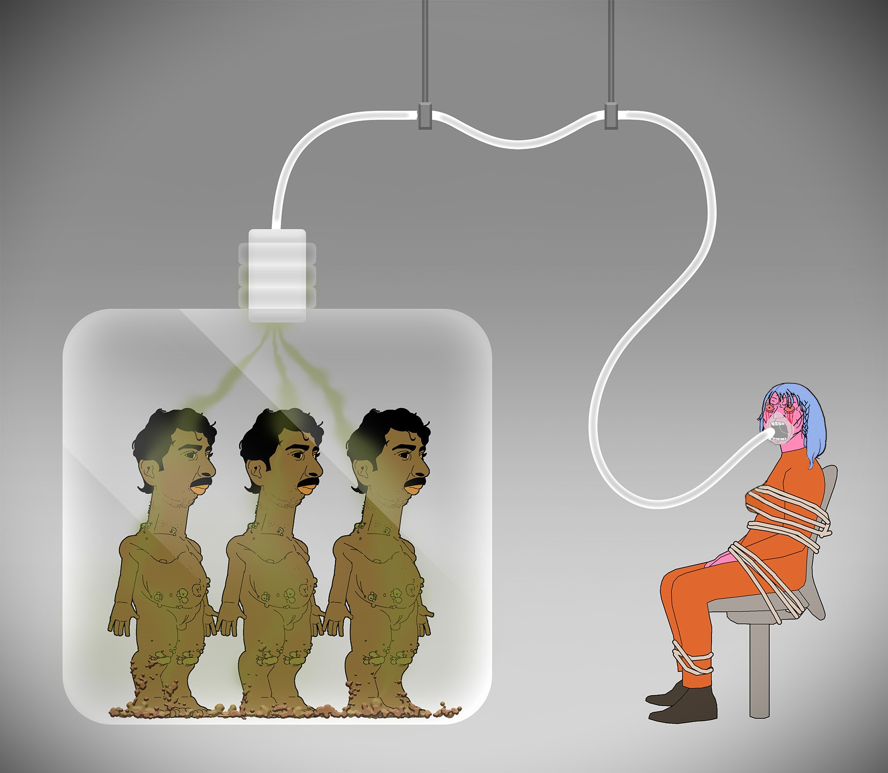 daddy's girl wojak, wojak, pajeetjak, bondage, breathing mask, brown skin, chair, crying, daddy's girl, fat