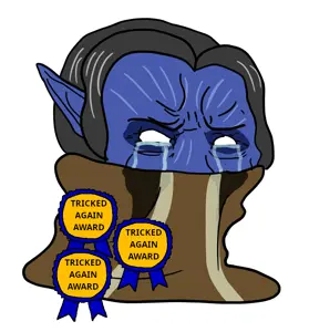cryboy soyjak, award, blue skin, crying, elf, hair, mask, no pupils, text, white background