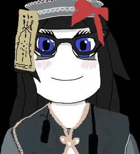 soytan, black background, blue eyes, bowtie, closed mouth, clothes, front view, glasses, hair, hat