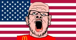 a24 slowburn soyjak, amerimutt, mcdonalds, obsessed faggot, open mouth, red shirt, stubble, united states