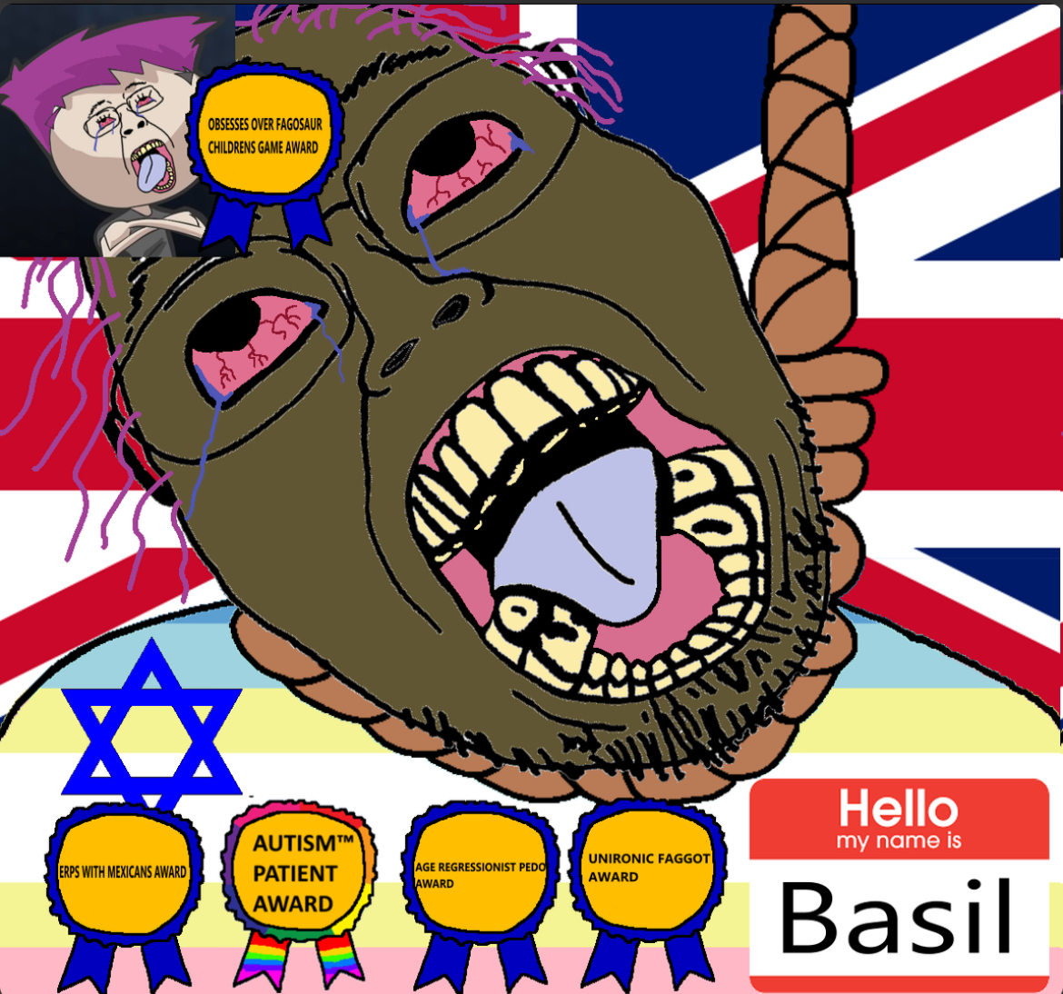 bernd, boat rammer, autism patient award, award, bloodshot eyes, brown skin, glasses, multiple awards, name tag, noose