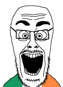 cutejak, eyebrows, eyes, forehead lines, glasses, ireland, mustache, nose, open mouth, soyjak