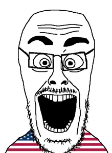 cutejak, eyebrows, eyes, forehead lines, glasses, mustache, nose, open mouth, soyjak, stubble
