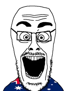 cutejak, australia, eyebrows, eyes, forehead lines, glasses, mustache, nose, open mouth, soyjak