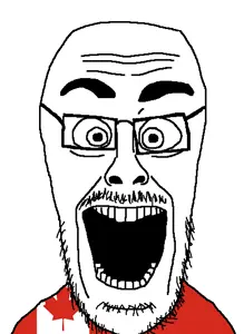 cutejak, canada, eyebrows, eyes, forehead lines, glasses, mustache, nose, open mouth, soyjak