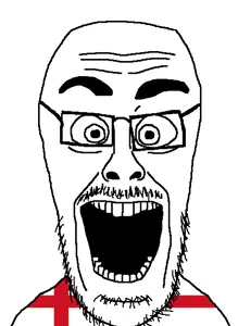 cutejak, eyebrows, eyes, forehead lines, glasses, mustache, nose, open mouth, soyjak, stubble