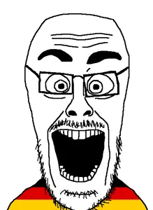 cutejak, eyebrows, eyes, forehead lines, glasses, mustache, nose, open mouth, soyjak, stubble