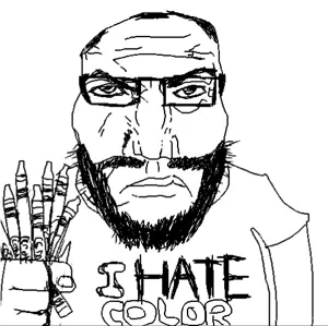 markiplier soyjak, science lover, colorjak, punisher face, arm, beard, black and white, closed mouth, crayon, fist