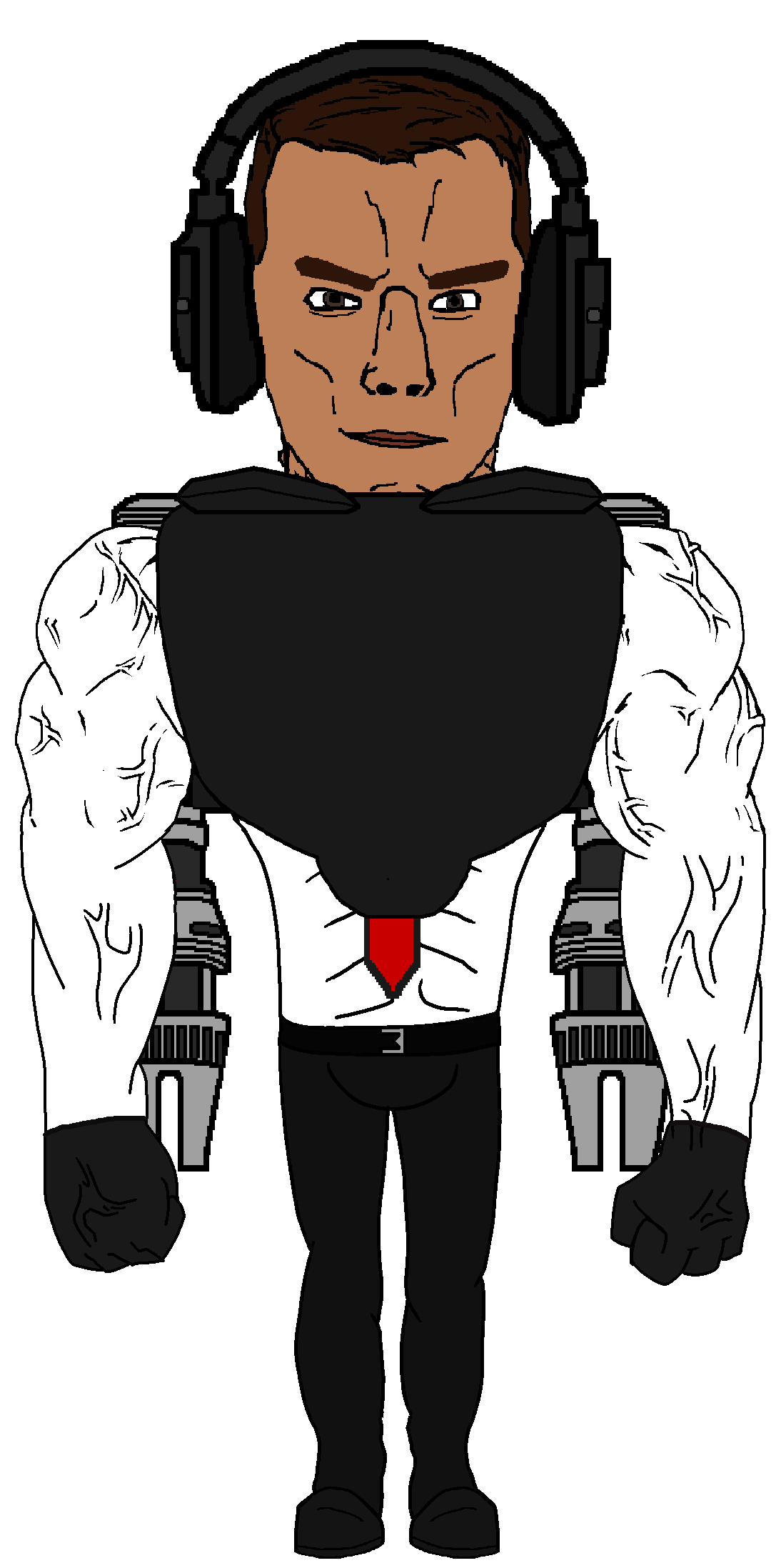 chudjak, chudjak front, muscular chud, arm, belt, berserker mutant (skibidi toilet), beserker mutant skibidi toilet, black pants, brown eyes, brown hair