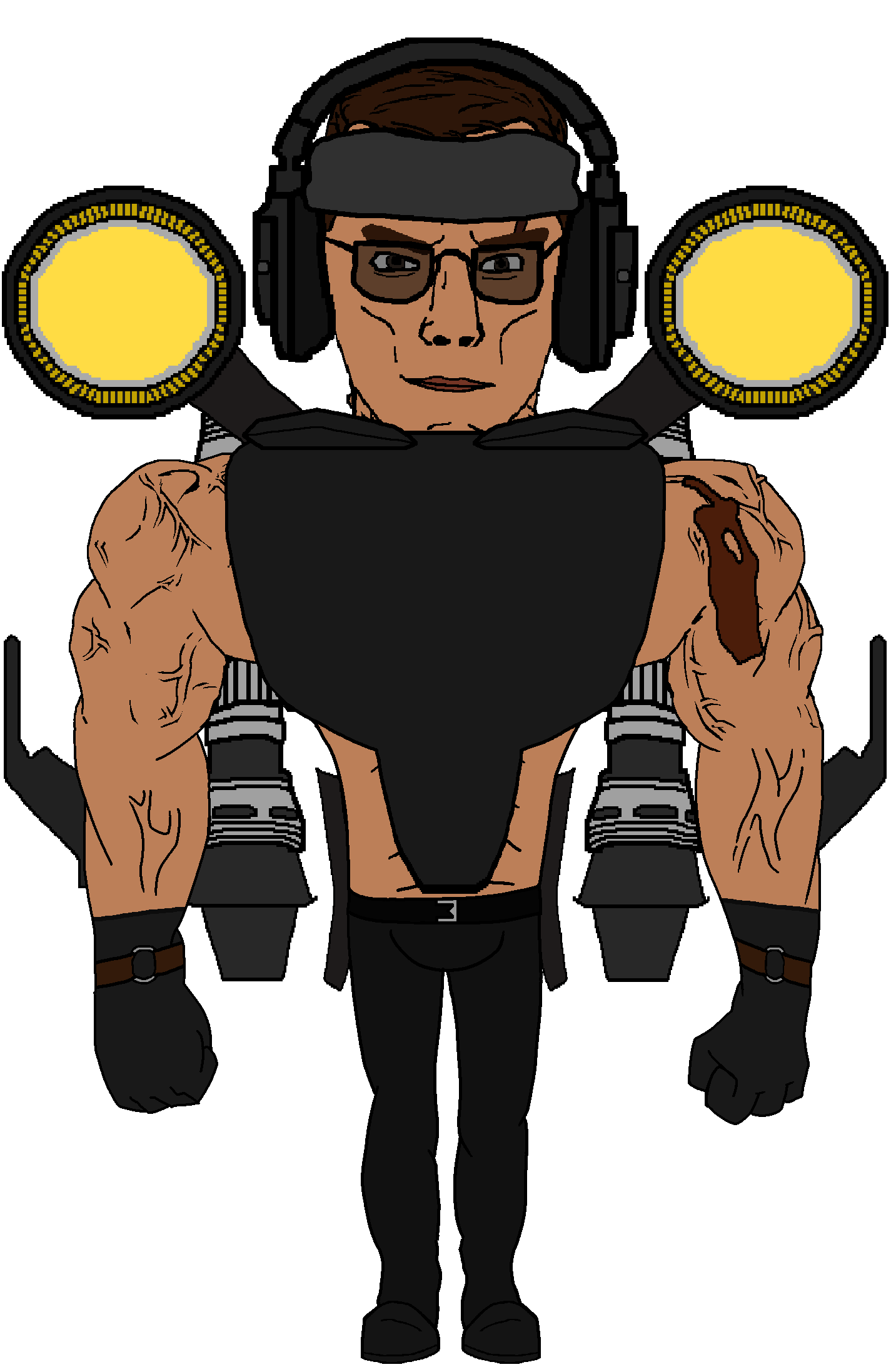 chudjak, chudjak front, muscular chud, g-squad, arm, armor, belt, beserker mutant skibidi toilet, black pants, brown eyes