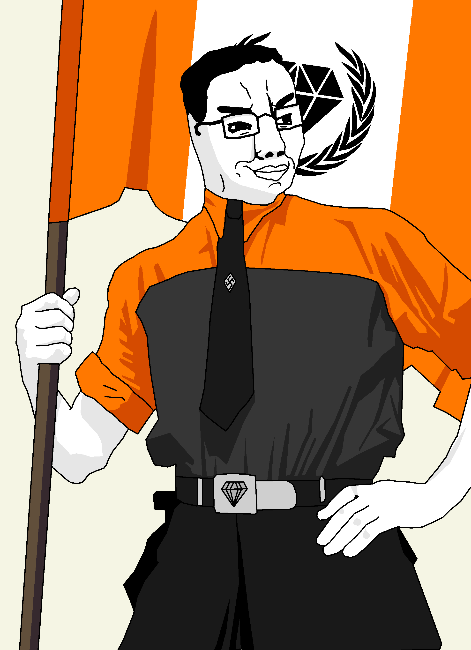 chudjak, militant chud holding flag, administ soyjaks, militant chud holding flag, arms, badge, belt, belt buckle, black eyes, black hair
