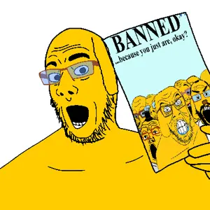 comicjak, feraljak, markiplier soyjak, tony soprano soyjak, jannyjak, ban, glasses, hands, holding object, janny