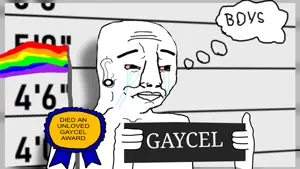 chudjak, award, bloodshot eyes, chud, crying, ear, gay, incel, lips, piercing