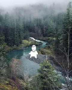gapejak, wholesome soyjak, cloud, forest, full body, grass, mountain, nature, river, sky