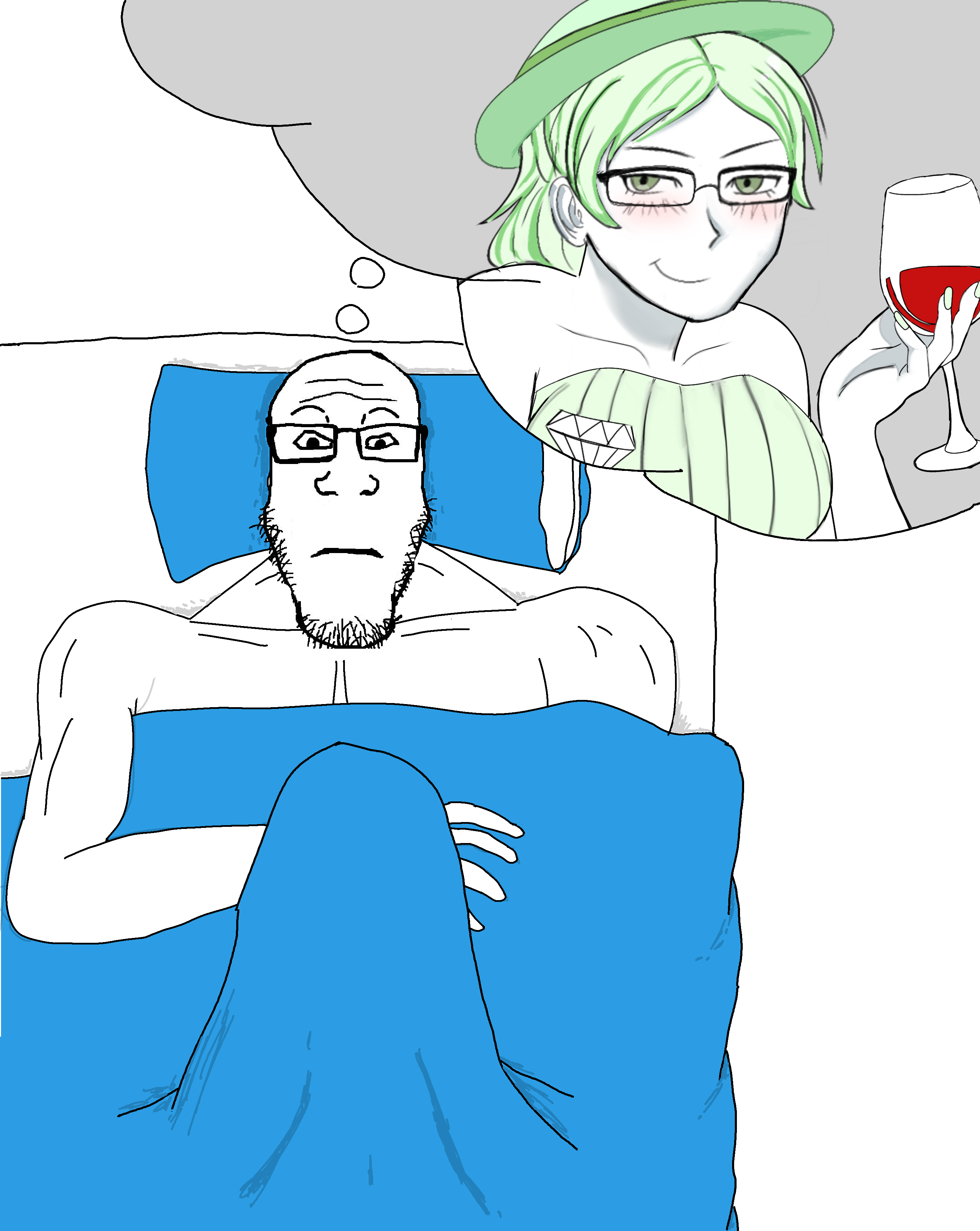 miss crystal, markiplier soyjak, neutralplier, alcohol, arm, bed, blanket, boner, buff, closed mouth