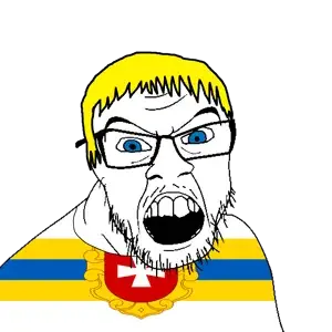 feraljak, blonde hair, blue eyes, clothes, country, cross, flag, glasses, hair, mustache