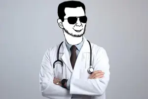 unknown, bashar alassad, beard, clothes, doctor, glasses, hair, medical headphones, necktie, smile