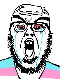 waljak, angry, bloodshot eyes, crying, glasses, open mouth, stubble, vein, white background, transgender pride flag