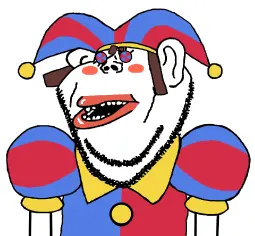 pomni, impish soyak ears, impish amerimutt, half body, jester, stubble, tadcgem, white background, the amazing digital circus