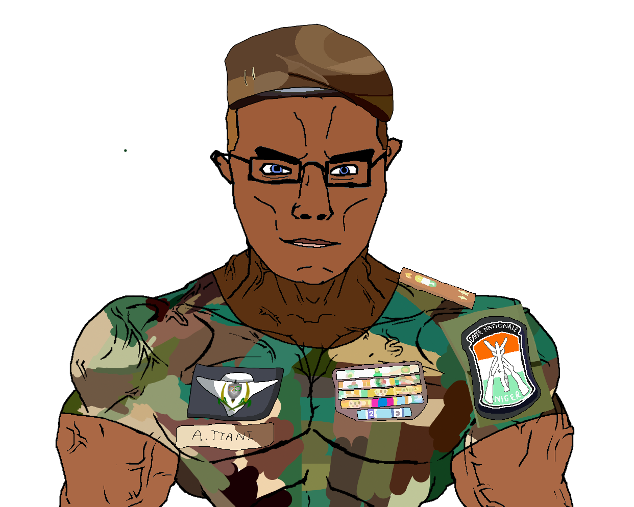 chudjak, chudjak front, muscular chud, abdourahamane tchiani, army, beret, cap, clothes, coup, hat