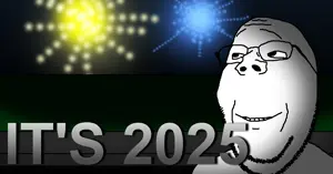 crimsonvoidhydra1488, gapejak, wholesome soyjak, its over, 2025, beard, fireworks, glasses, hair, happy