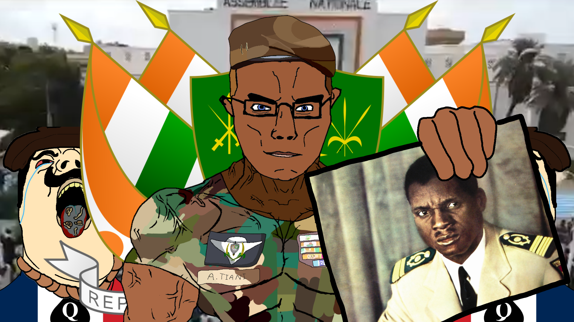 chudjak, hydejak, chudjak front, muscular chud, abdourahamane tchiani, army, beret, bloodshot eyes, buff, cap