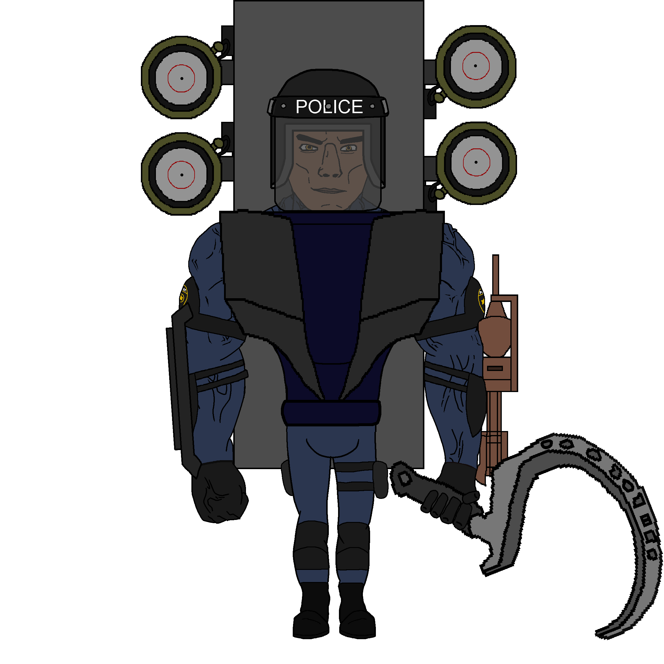 chudjak, chudjak front, muscular chud, g-squad, armor, brown skin, buff, chud, clothes, face shield