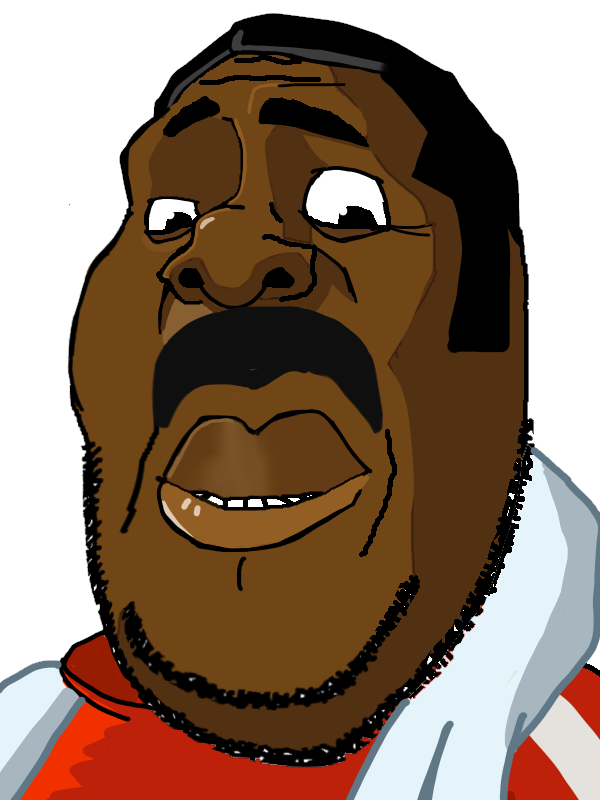 toonsoy, gapejak, wholesome soyjak, black hair, black skin, doc louis (punch out), eyebrows, hair, half open mouth, jumpsuit