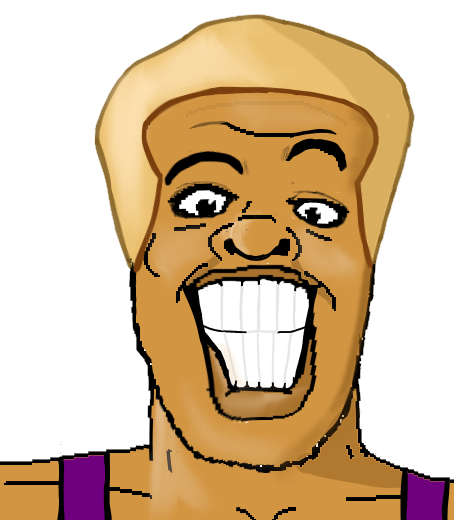 a24 slowburn soyjak, blonde hair, disco kid (punch out), eyebrows, grin, hair, no beard, no glasses, nostrils, open eyes