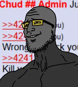 gigson, admin, buff, glasses, smile, soot colors, soyjak party, stubble, yellow eyes, yellow glasses